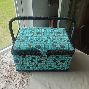 MCM Styl Aqua Black Wicker Woven Sewing Basket Top Handle Black Liner Snap Close